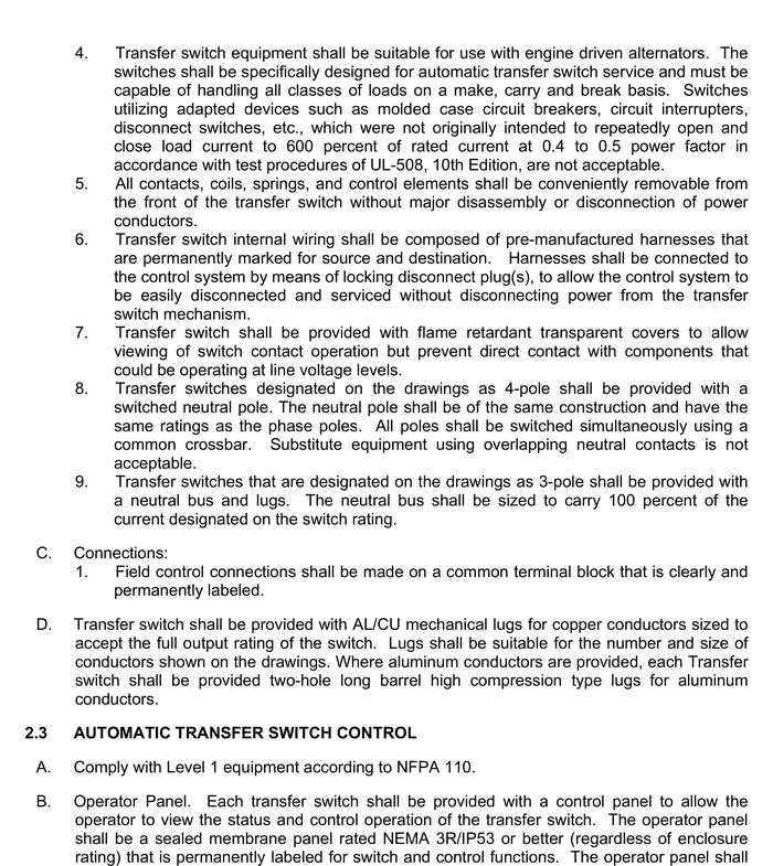 Specification section 26 36 00, transfer switches