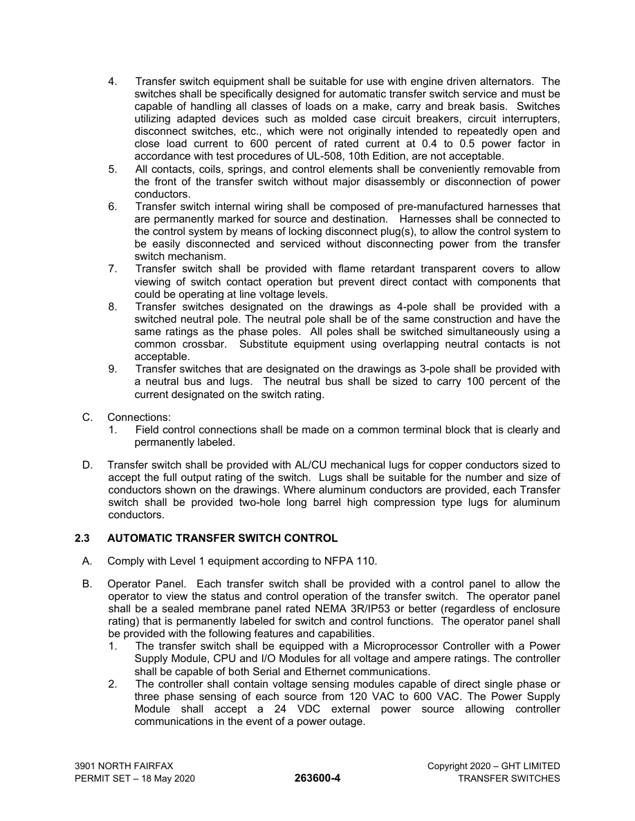 Specification section 26 36 00, transfer switches, page 4